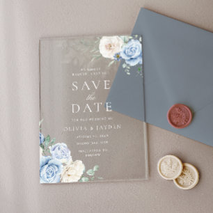 Invitations En Acrylique Mariage Floral Blanc & Bleu Enregistrer La Date