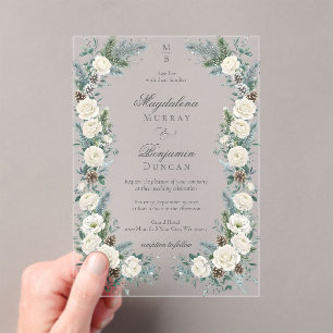 Invitations En Acrylique Mariage Floral Blanc Élégant de la Verdure d'Hiver