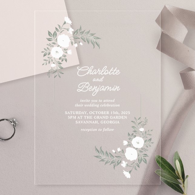 Invitations En Acrylique Mariage floral blanc verdoyant (Créateur téléchargé)