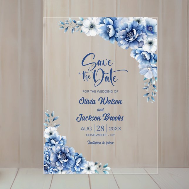 Invitations En Acrylique Mariage floral bleu élégant Enregistrer la date (Créateur téléchargé)