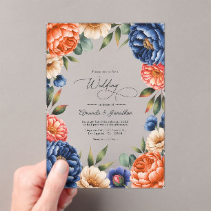 Invitations En Acrylique Mariage Floral Bleu Français, Corail et Beige Sabl
