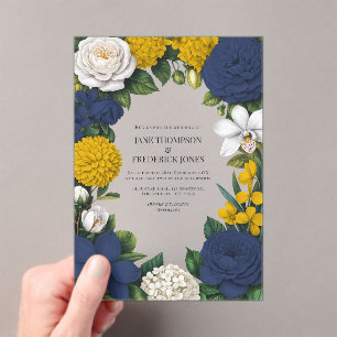 Invitations En Acrylique Mariage floral bleu marine, jaune moutarde et blan