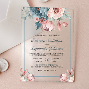 Invitations En Acrylique Mariage Floral Bleu Poussiéreux et Rose