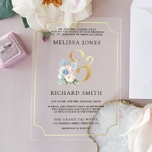 Invitations En Acrylique Mariage Floral Bleu Rose Douce et Rêveur