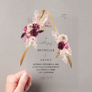 Invitations En Acrylique Mariage Floral Bohème Rose avec Herbe de Pampas