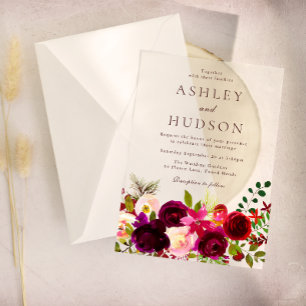 Invitations En Acrylique Mariage Floral Bohème Vin Rouge de Bourgogne