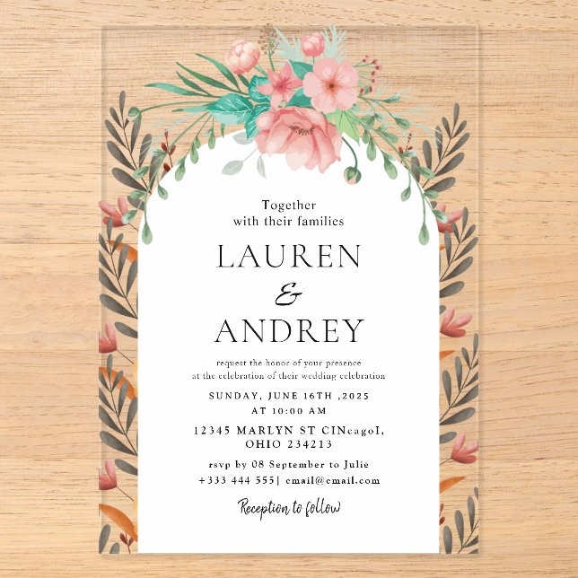 Invitations En Acrylique Mariage Floral Boho  (Recto)