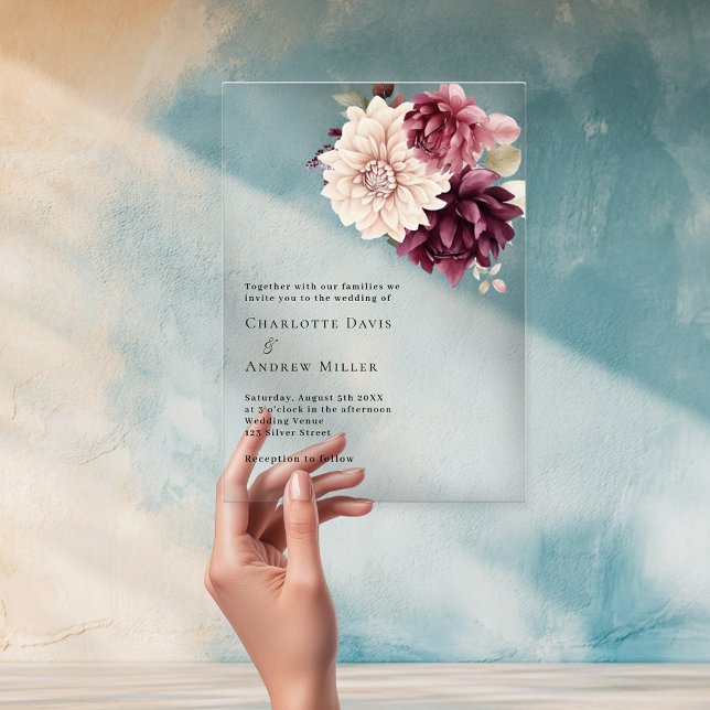 Invitations En Acrylique Mariage floral bordeaux crème beige transparent (Créateur téléchargé)
