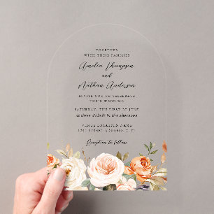 Invitations En Acrylique Mariage Floral Botanique Orange Brûlé Rustique Arc