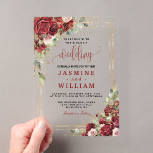 Invitations En Acrylique Mariage Floral Bourgogne Élégant Or