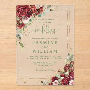 Invitations En Acrylique Mariage Floral Bourgogne Élégant Or