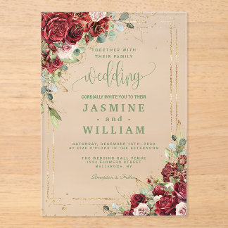 Invitations En Acrylique Mariage Floral Bourgogne Élégant Or