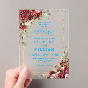 Invitations En Acrylique Mariage Floral Bourgogne Élégant  Or