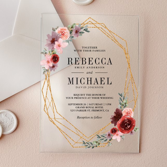 Invitations En Acrylique Mariage Floral Bourgogne Rose Or (Créateur téléchargé)