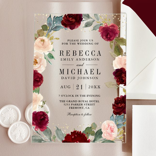 Invitations En Acrylique Mariage Floral Bourguignon aux Pêches (Créateur téléchargé)
