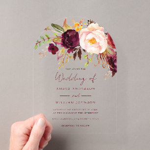 Invitations En Acrylique Mariage Floral Bourguignon Rouge Gêné
