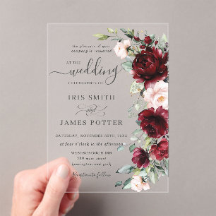 Invitations En Acrylique Mariage Floral Chic Rustique Bourgogne Rose