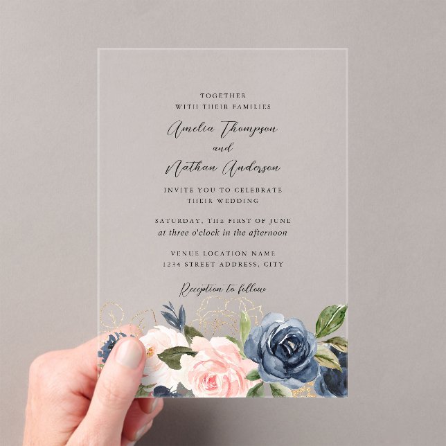 Invitations En Acrylique Mariage Floral Clair et Rose Navy (In situ (ordinateur de poche))