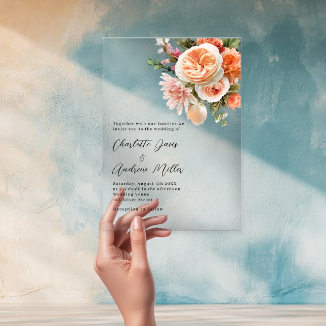 Invitations En Acrylique Mariage floral clair rose pêche orange (Créateur téléchargé)