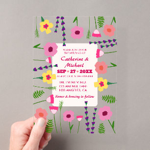 Invitations En Acrylique Mariage Floral Coloré Clair et Audacieux Rose