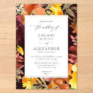 Invitations En Acrylique Mariage Floral d'Automne Orange & Jaune -3 Bordeau