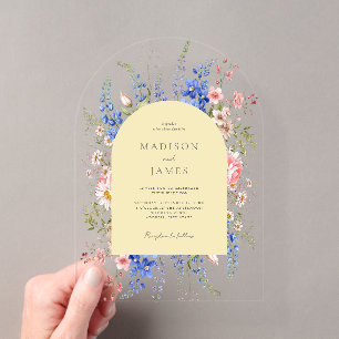 Invitations En Acrylique Mariage Floral de Bohème Jaune Minimaliste