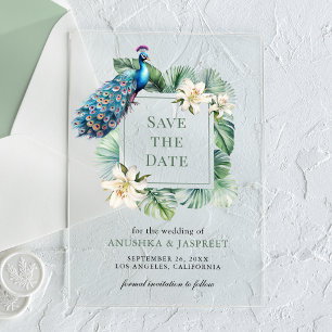 Invitations En Acrylique Mariage floral de paon indien Enregistrer la date