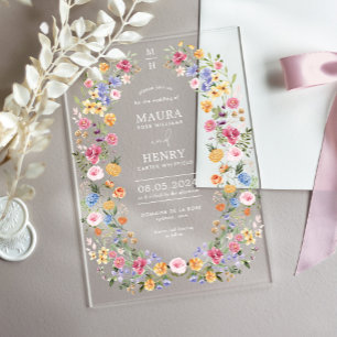 Invitations En Acrylique Mariage Floral de Printemps avec Monogramme Chic