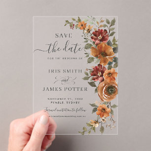 Invitations En Acrylique Mariage floral de rouille orange brûlée Enregistre