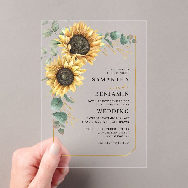 Invitations En Acrylique Mariage floral de tournesol Eucalyptus (In situ (ordinateur de poche))
