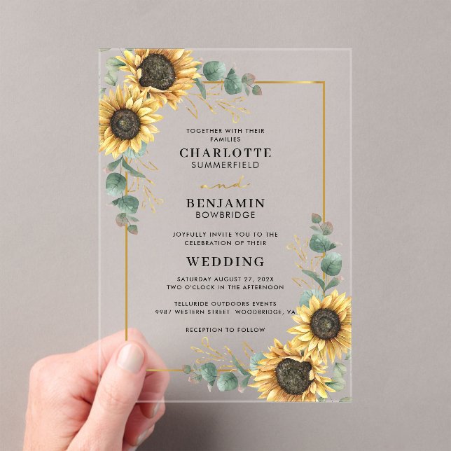 Invitations En Acrylique Mariage floral de tournesol Eucalyptus (In situ (ordinateur de poche))
