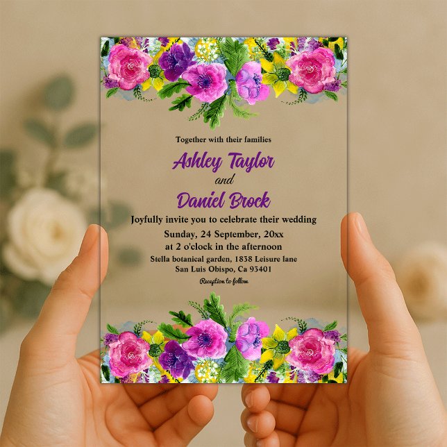 Invitations En Acrylique Mariage floral d'été couleur boho (Créateur téléchargé)