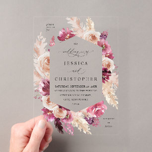 Invitations En Acrylique Mariage floral d'herbe de pampa rose bohème