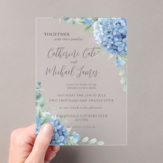 Invitations En Acrylique Mariage Floral d'Hydrangea Bleu  (In situ (ordinateur de poche))