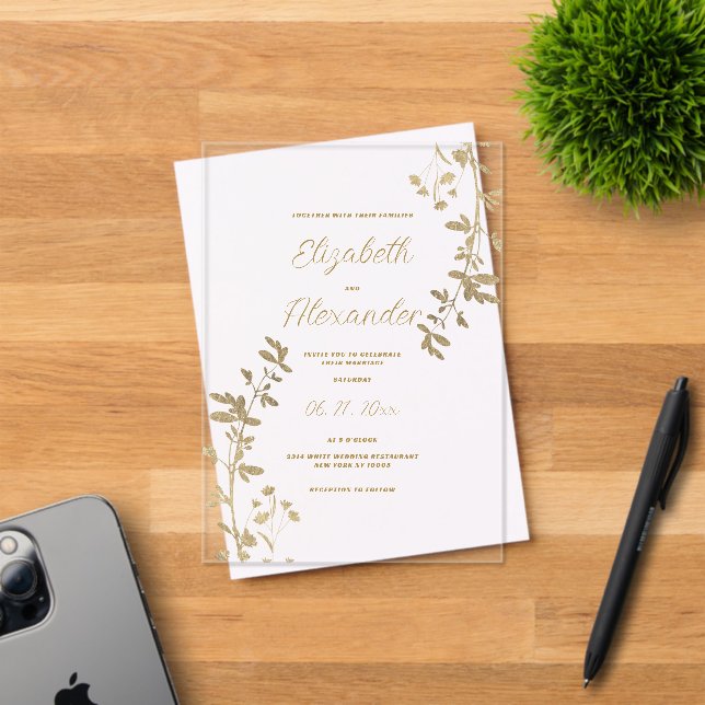 Invitations En Acrylique Mariage floral doré classique simple élégant (Insitu (Carte d'invitation))