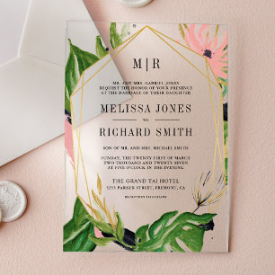 Invitations En Acrylique Mariage Floral Doré Rose Tropical Sauvage