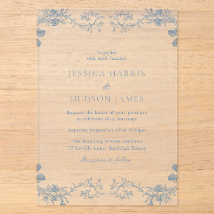 Invitations En Acrylique Mariage Floral Élégance Classique Bleu Vintage