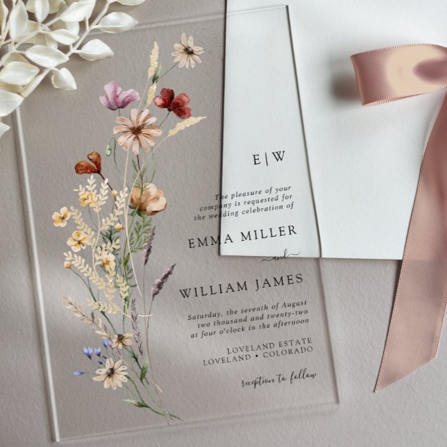 Invitations En Acrylique Mariage Floral Élégant et Simple (Boho Wildflowers Wedding Acrylic Invitations by Painted Paperie
)