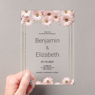 Invitations En Acrylique Mariage floral élégant gris pastel rose or daisy