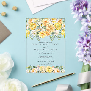 Invitations En Acrylique Mariage Floral Élégant Jaune Pêche et Vert Sauge