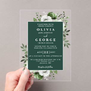 Invitations En Acrylique Mariage floral élégant vert émeraude