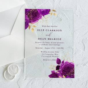 Invitations En Acrylique Mariage floral élégant violet et or