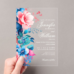 Invitations En Acrylique Mariage floral Élégante Typographie Script bleu ro