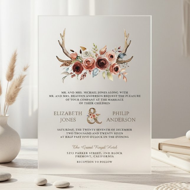 Invitations En Acrylique Mariage Floral en Terracotta avec Bois de Cerf Boh (Créateur téléchargé)