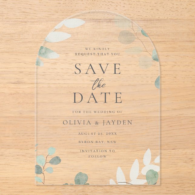 Invitations En Acrylique Mariage floral Feuille verte Acrylique Enregistrer (Recto)