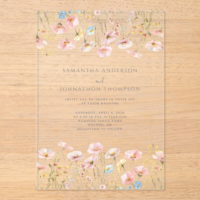Invitations En Acrylique Mariage Floral Fleur sauvage rose pâle (Recto)
