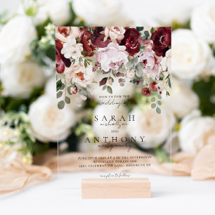 Invitations En Acrylique Mariage Floral Foncé Vin de Cerise et Blush