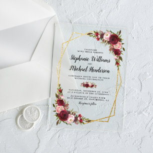 Invitations En Acrylique Mariage Floral Géométrique Or Bourgogne