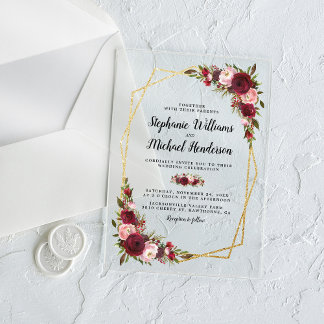 Invitations En Acrylique Mariage Floral Géométrique Or Bourgogne