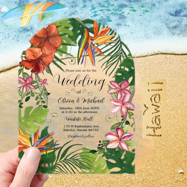Invitations En Acrylique Mariage Floral Hawaïen à l'Aquarelle Tropicale (Tropical Watercolor Hawaiian Floral Wedding Acrylic Invitations)